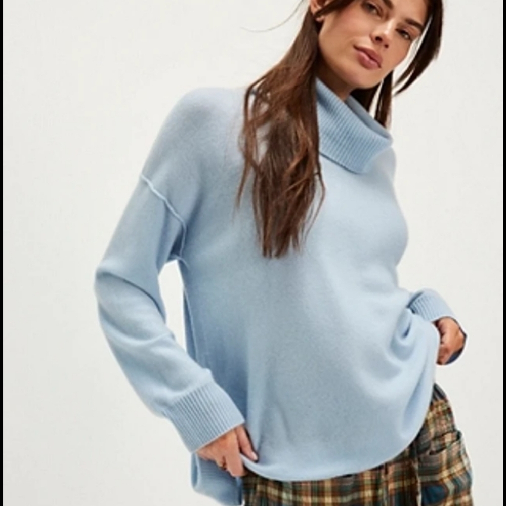 Free People cashmere Soft Blue Cowl Neck Sweater